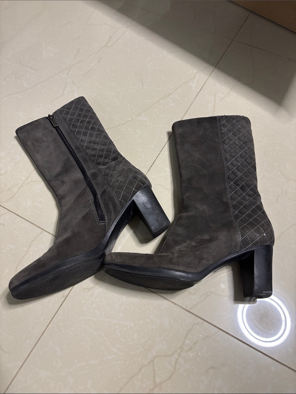 Aquatalia Quilted Suede Mid-Calf Block Heel Boots - Gray